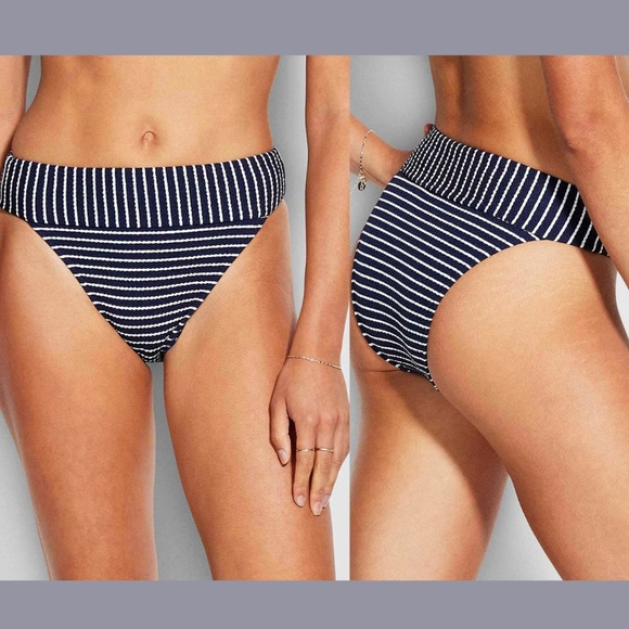NEW Seaside [ 4 US ] Stripe Banded High Waist Bikini Bottoms in Navy‎ - Picture 1 of 12